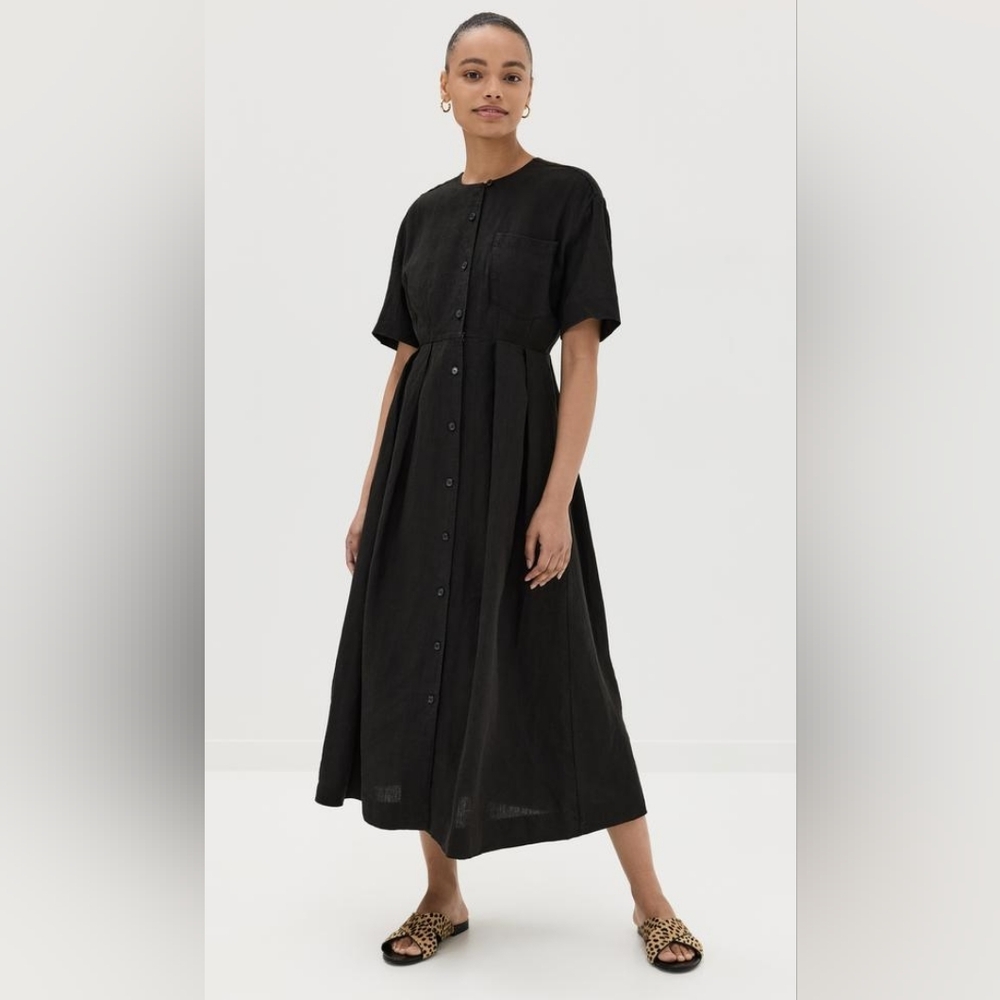 Jenni Kayne Black Button-Front Short Sleeve Midi Dress